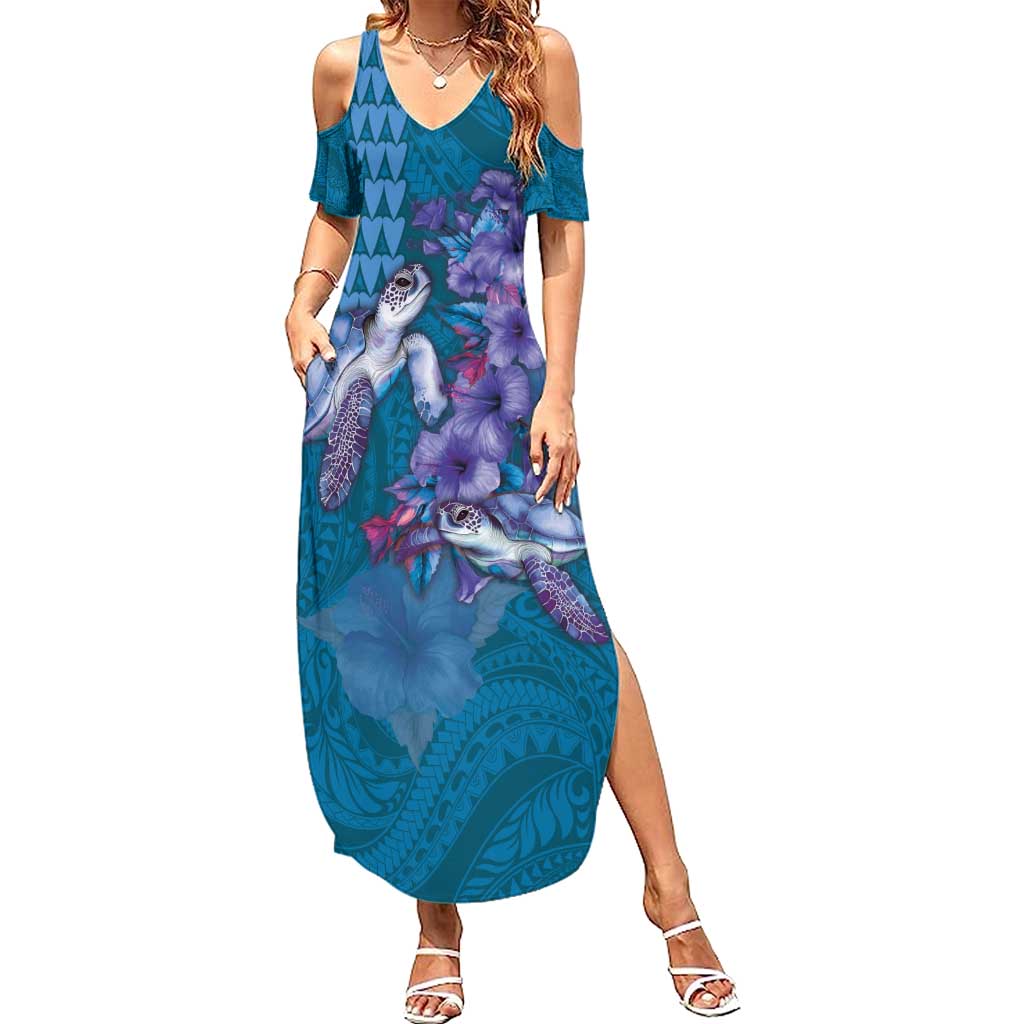 Hawaiian Turtle Love Couple Summer Maxi Dress - Sweet Hibiscus and Kakau Pattern Sapphire Color LT03 Women Blue - Polynesian Pride