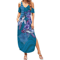 Hawaiian Turtle Love Couple Summer Maxi Dress - Sweet Hibiscus and Kakau Pattern Sapphire Color LT03 Women Blue - Polynesian Pride