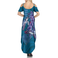 Hawaiian Turtle Love Couple Summer Maxi Dress - Sweet Hibiscus and Kakau Pattern Sapphire Color LT03 - Polynesian Pride