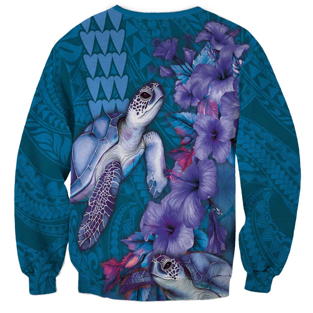 Hawaiian Turtle Love Couple Sweatshirt - Sweet Hibiscus and Kakau Pattern Sapphire Color LT03 - Polynesian Pride