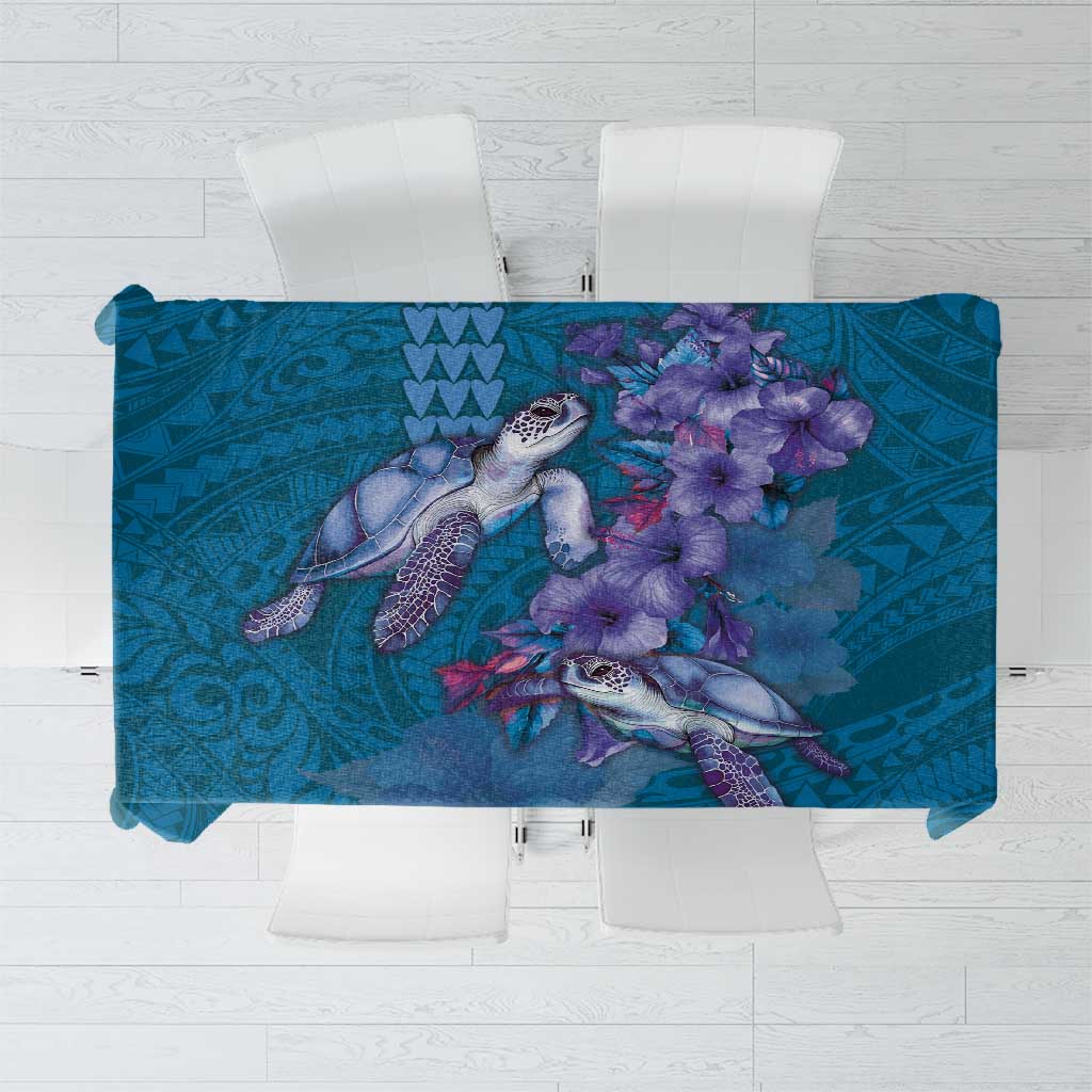 Hawaiian Turtle Love Couple Tablecloth - Sweet Hibiscus and Kakau Pattern Sapphire Color LT03 Blue - Polynesian Pride