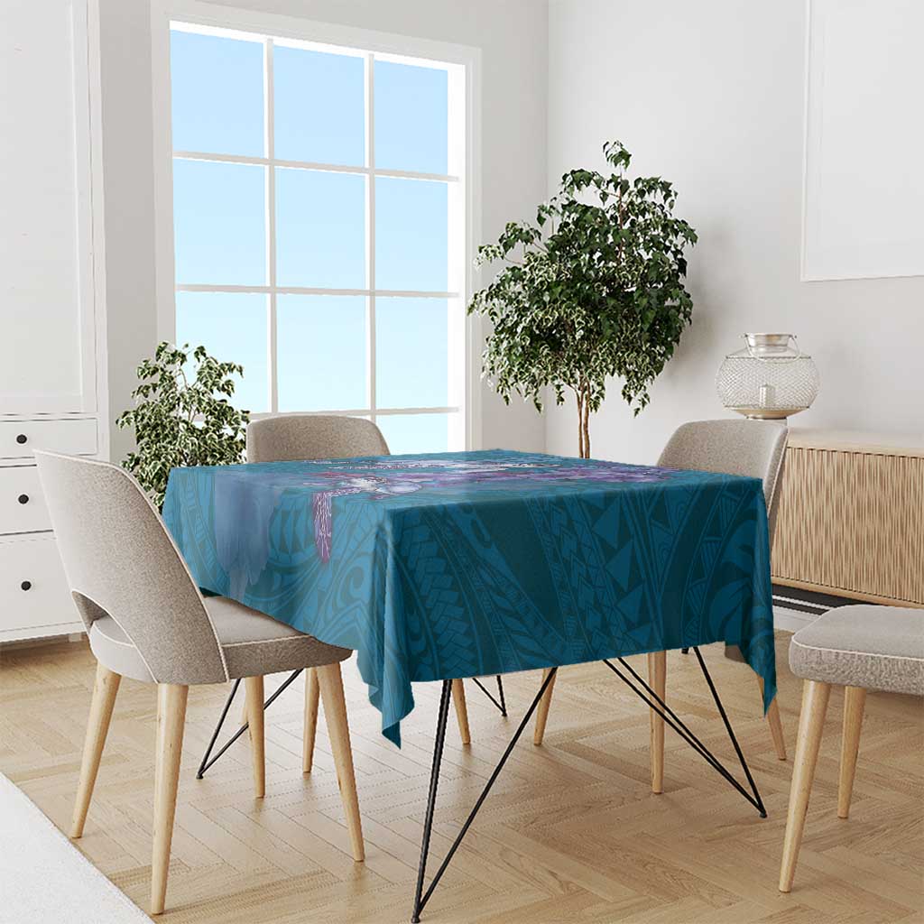 Hawaiian Turtle Love Couple Tablecloth - Sweet Hibiscus and Kakau Pattern Sapphire Color LT03 - Polynesian Pride