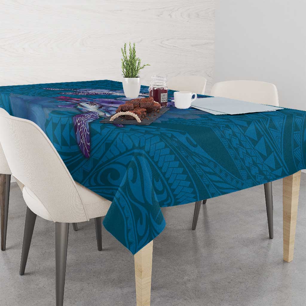 Hawaiian Turtle Love Couple Tablecloth - Sweet Hibiscus and Kakau Pattern Sapphire Color LT03 - Polynesian Pride
