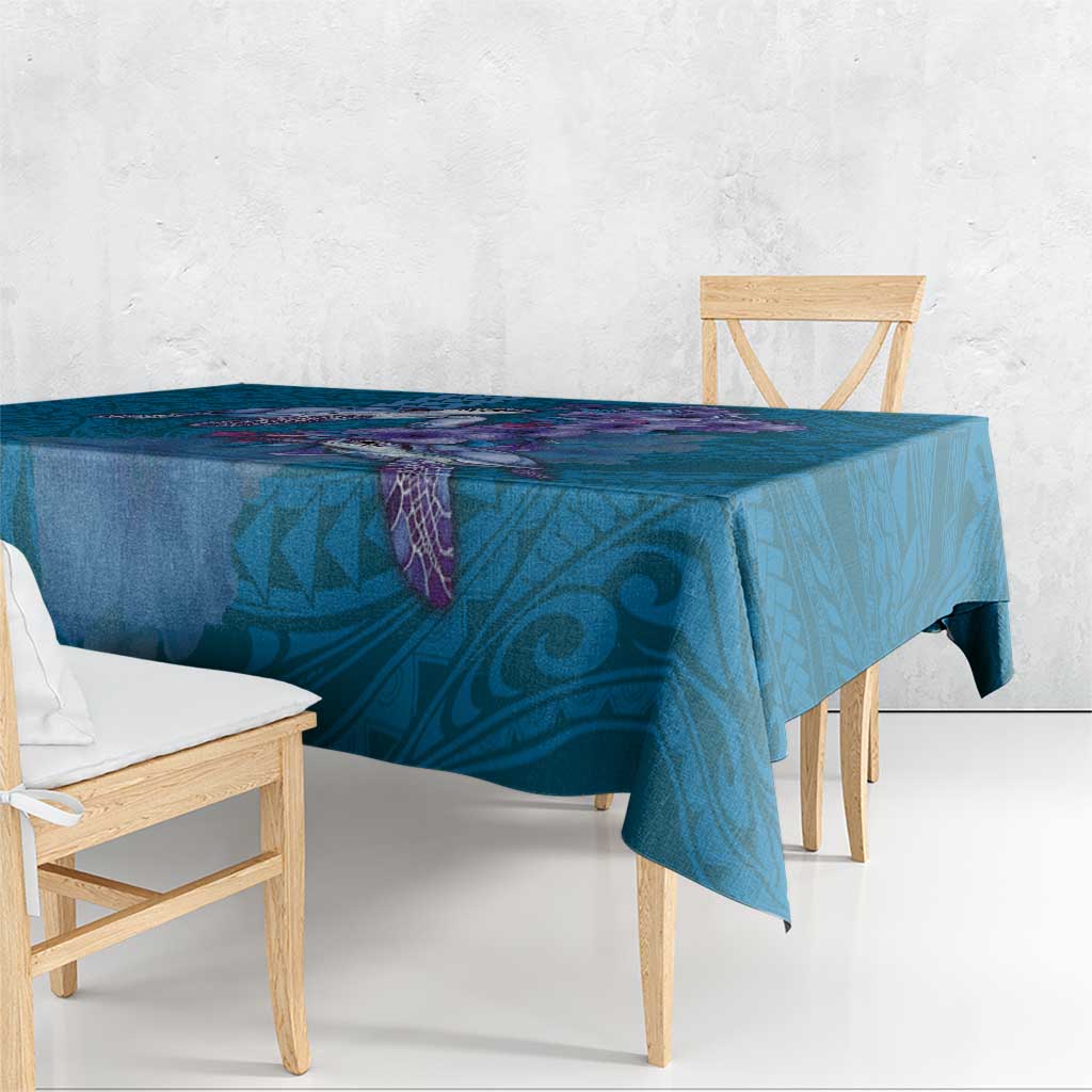 Hawaiian Turtle Love Couple Tablecloth - Sweet Hibiscus and Kakau Pattern Sapphire Color LT03 - Polynesian Pride
