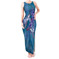 Hawaiian Turtle Love Couple Tank Maxi Dress - Sweet Hibiscus and Kakau Pattern Sapphire Color LT03 Women Blue - Polynesian Pride