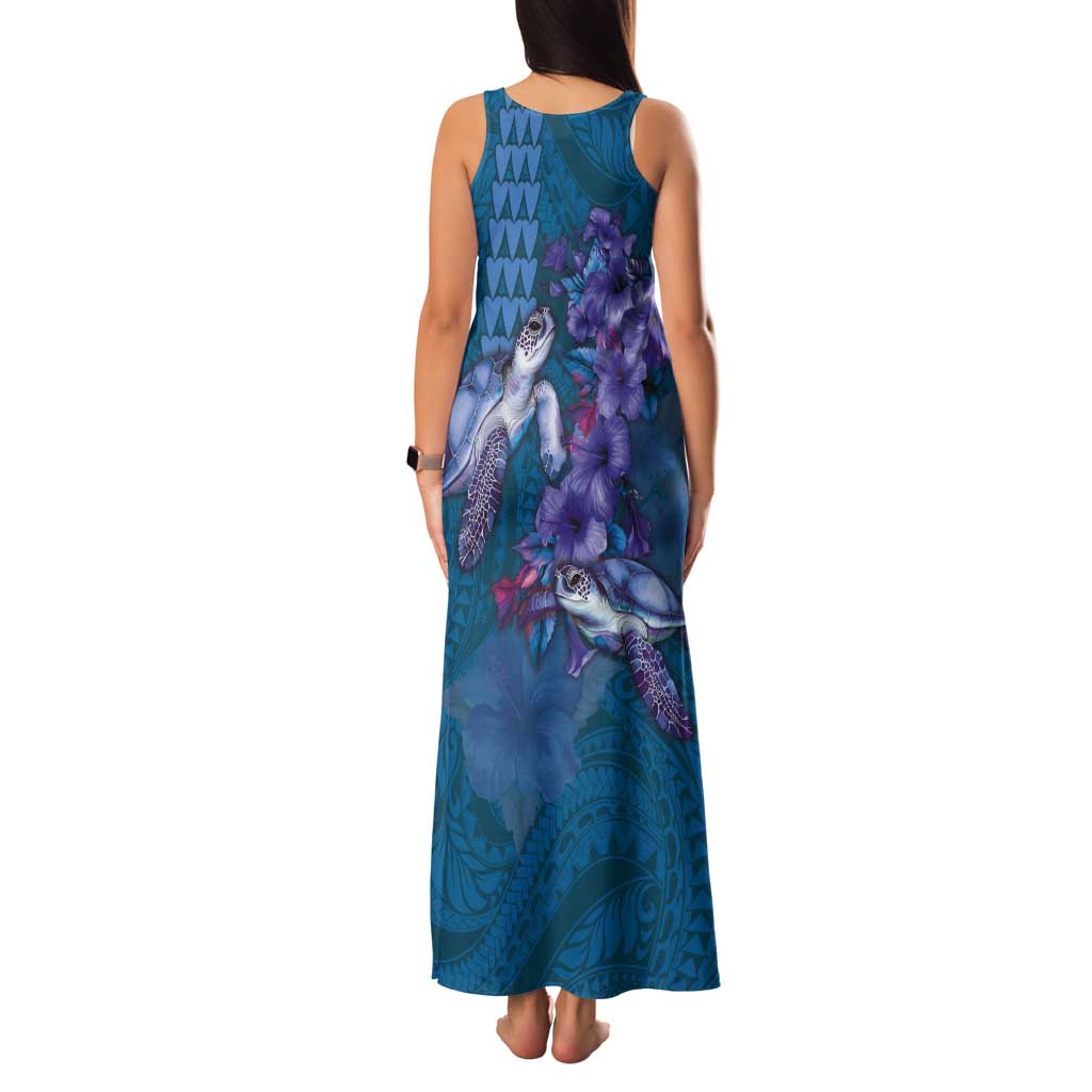 Hawaiian Turtle Love Couple Tank Maxi Dress - Sweet Hibiscus and Kakau Pattern Sapphire Color LT03 - Polynesian Pride