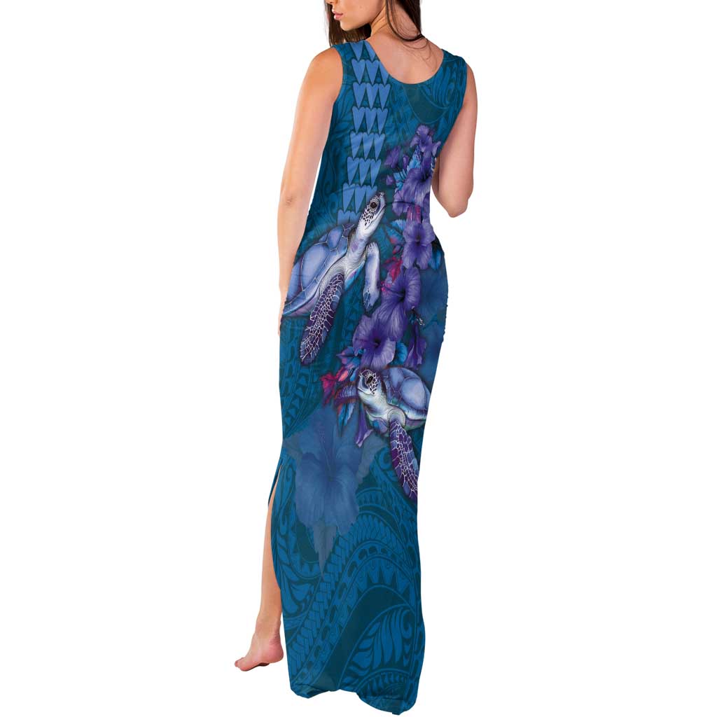 Hawaiian Turtle Love Couple Tank Maxi Dress - Sweet Hibiscus and Kakau Pattern Sapphire Color LT03 - Polynesian Pride