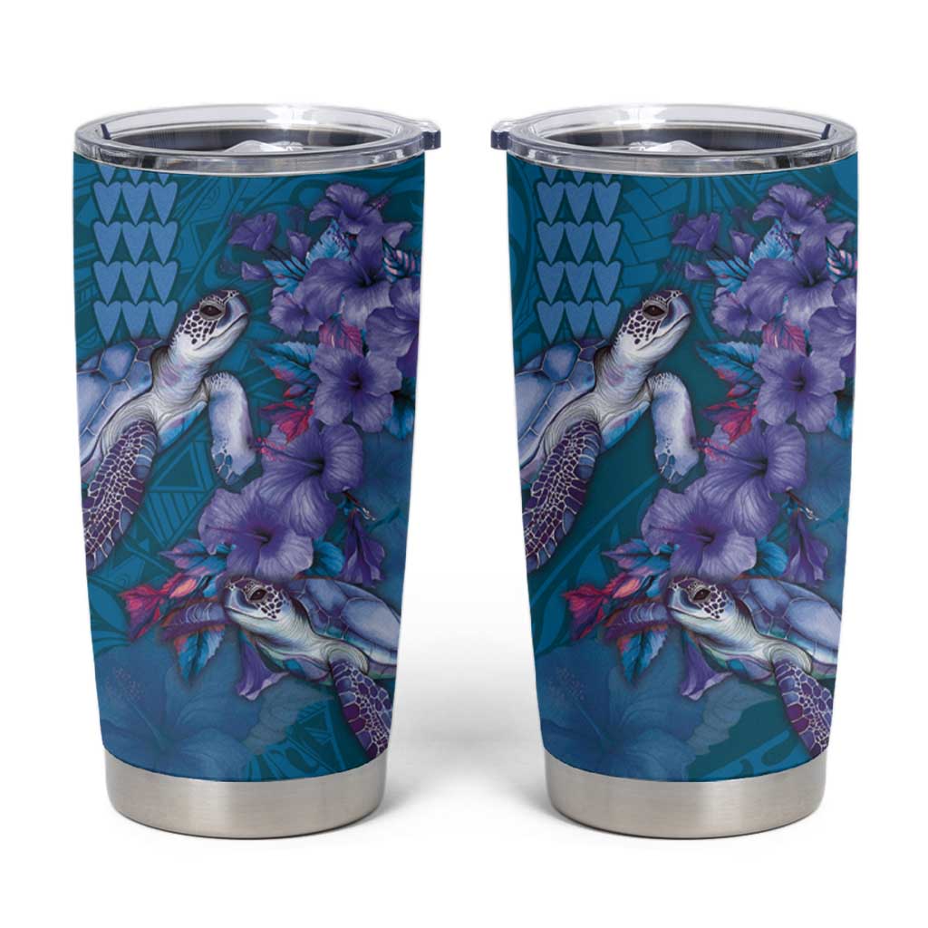Hawaiian Turtle Love Couple Tumbler Cup Sweet Hibiscus and Kakau Pattern Sapphire Color LT03 Blue - Polynesian Pride