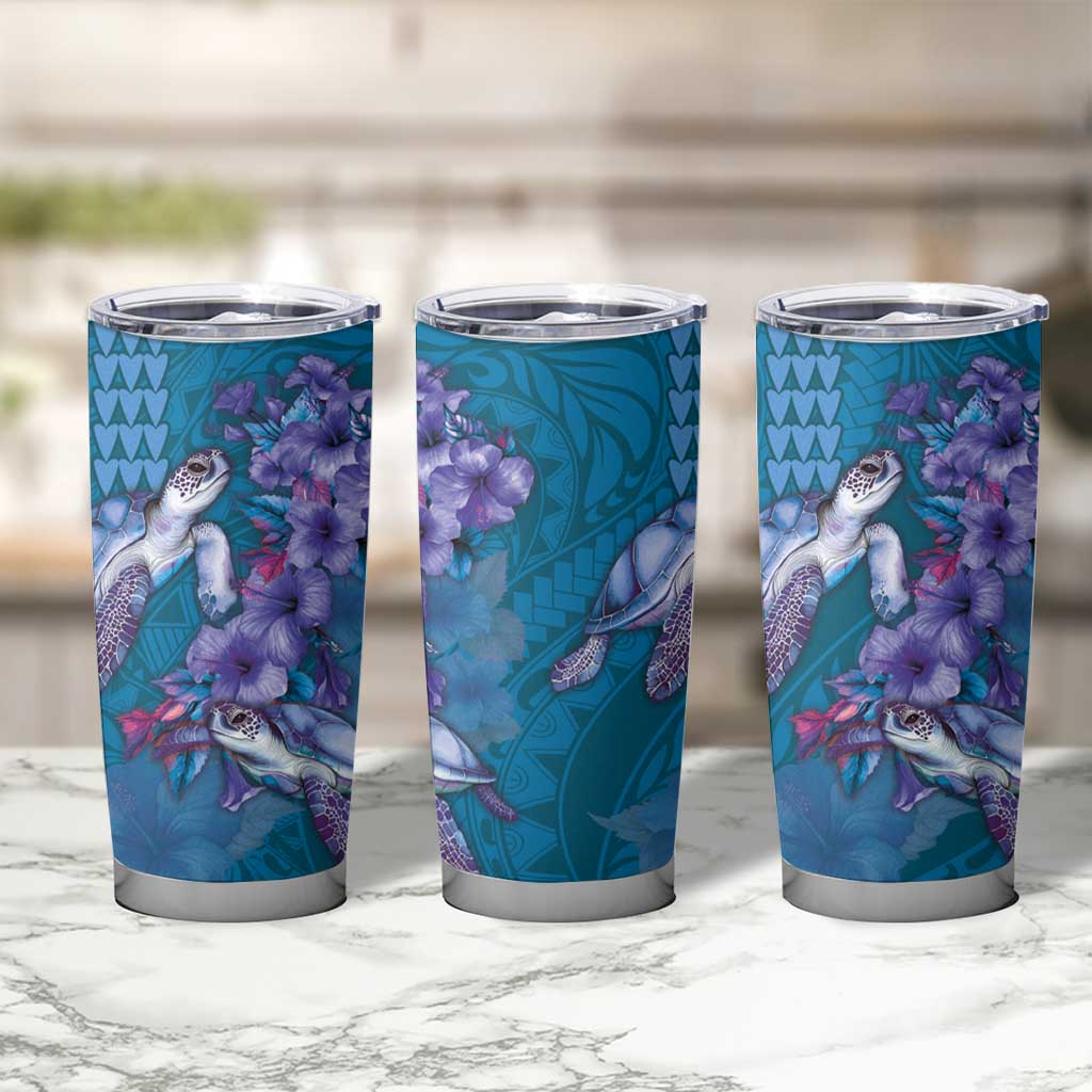 Hawaiian Turtle Love Couple Tumbler Cup Sweet Hibiscus and Kakau Pattern Sapphire Color LT03 - Polynesian Pride