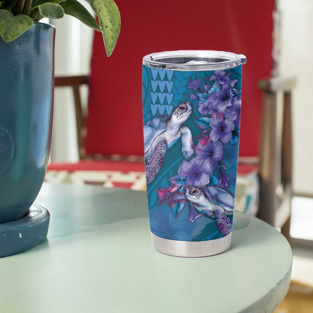 Hawaiian Turtle Love Couple Tumbler Cup Sweet Hibiscus and Kakau Pattern Sapphire Color LT03 - Polynesian Pride
