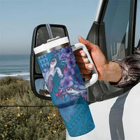 Hawaiian Turtle Love Couple Tumbler With Handle Sweet Hibiscus and Kakau Pattern Sapphire Color