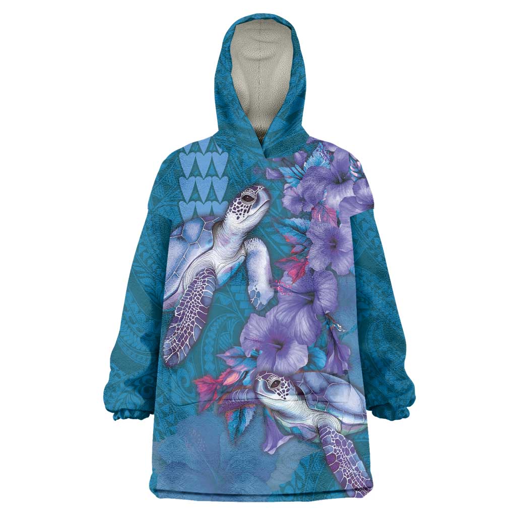 Hawaiian Turtle Love Couple Wearable Blanket Hoodie - Sweet Hibiscus and Kakau Pattern Sapphire Color LT03 One Size Blue - Polynesian Pride
