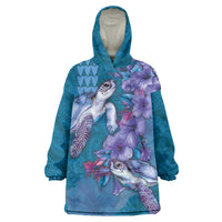 Hawaiian Turtle Love Couple Wearable Blanket Hoodie - Sweet Hibiscus and Kakau Pattern Sapphire Color LT03 One Size Blue - Polynesian Pride