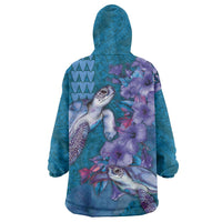 Hawaiian Turtle Love Couple Wearable Blanket Hoodie - Sweet Hibiscus and Kakau Pattern Sapphire Color LT03 - Polynesian Pride