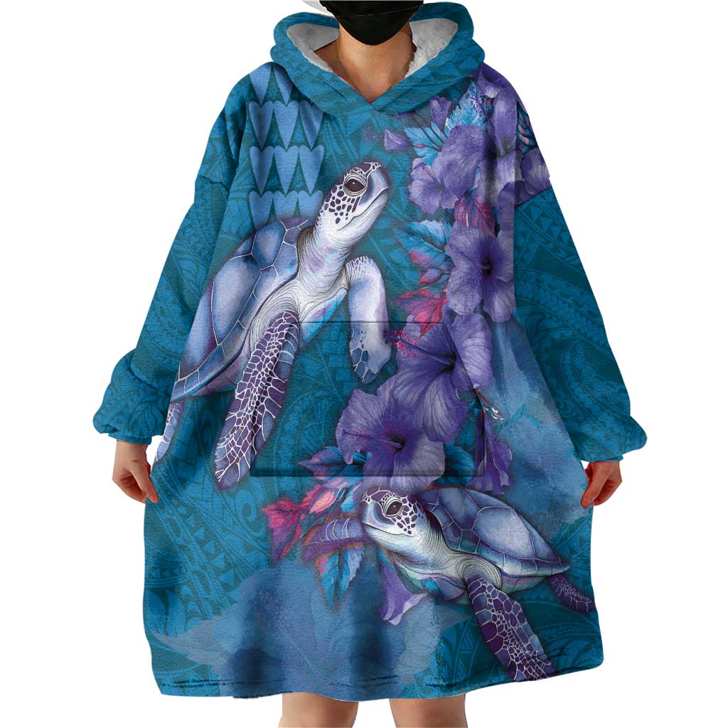 Hawaiian Turtle Love Couple Wearable Blanket Hoodie - Sweet Hibiscus and Kakau Pattern Sapphire Color LT03 - Polynesian Pride