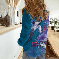 Hawaiian Turtle Love Couple Women Casual Shirt - Sweet Hibiscus and Kakau Pattern Sapphire Color LT03 - Polynesian Pride