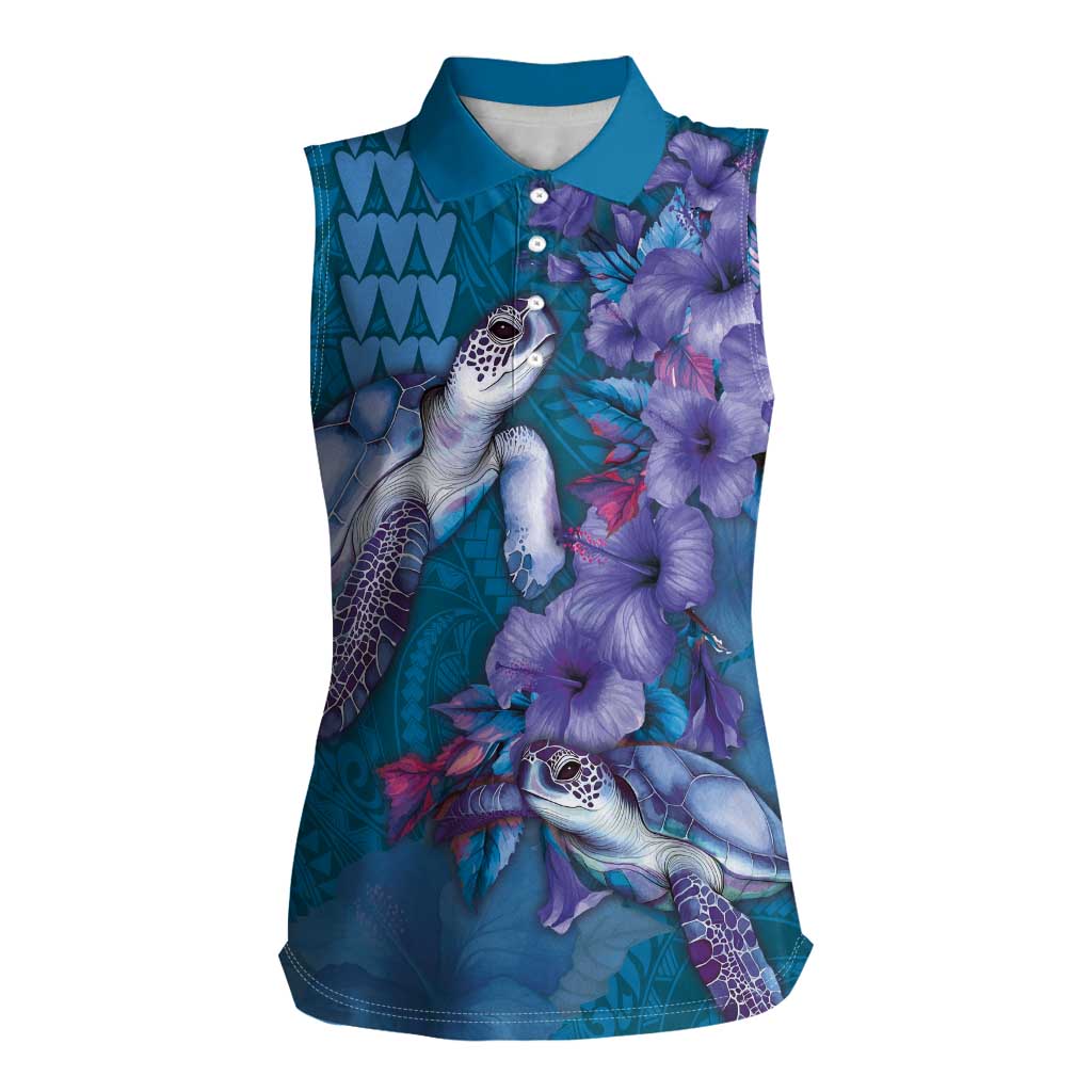Hawaiian Turtle Love Couple Women Sleeveless Polo Shirt - Sweet Hibiscus and Kakau Pattern Sapphire Color LT03 Female Blue - Polynesian Pride