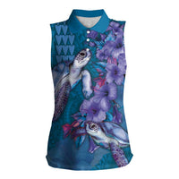 Hawaiian Turtle Love Couple Women Sleeveless Polo Shirt - Sweet Hibiscus and Kakau Pattern Sapphire Color LT03 Female Blue - Polynesian Pride