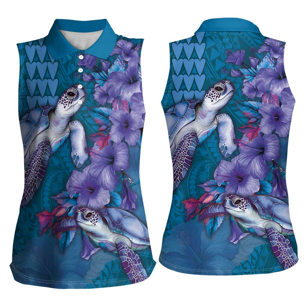 Hawaiian Turtle Love Couple Women Sleeveless Polo Shirt - Sweet Hibiscus and Kakau Pattern Sapphire Color LT03 - Polynesian Pride