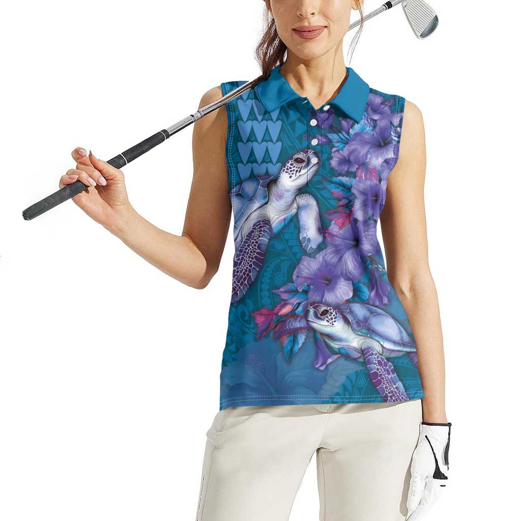 Hawaiian Turtle Love Couple Women Sleeveless Polo Shirt - Sweet Hibiscus and Kakau Pattern Sapphire Color LT03 - Polynesian Pride