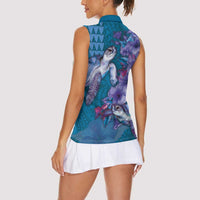 Hawaiian Turtle Love Couple Women Sleeveless Polo Shirt - Sweet Hibiscus and Kakau Pattern Sapphire Color LT03 - Polynesian Pride