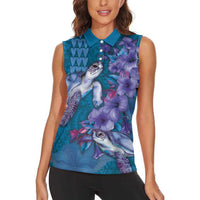Hawaiian Turtle Love Couple Women Sleeveless Polo Shirt - Sweet Hibiscus and Kakau Pattern Sapphire Color LT03 - Polynesian Pride