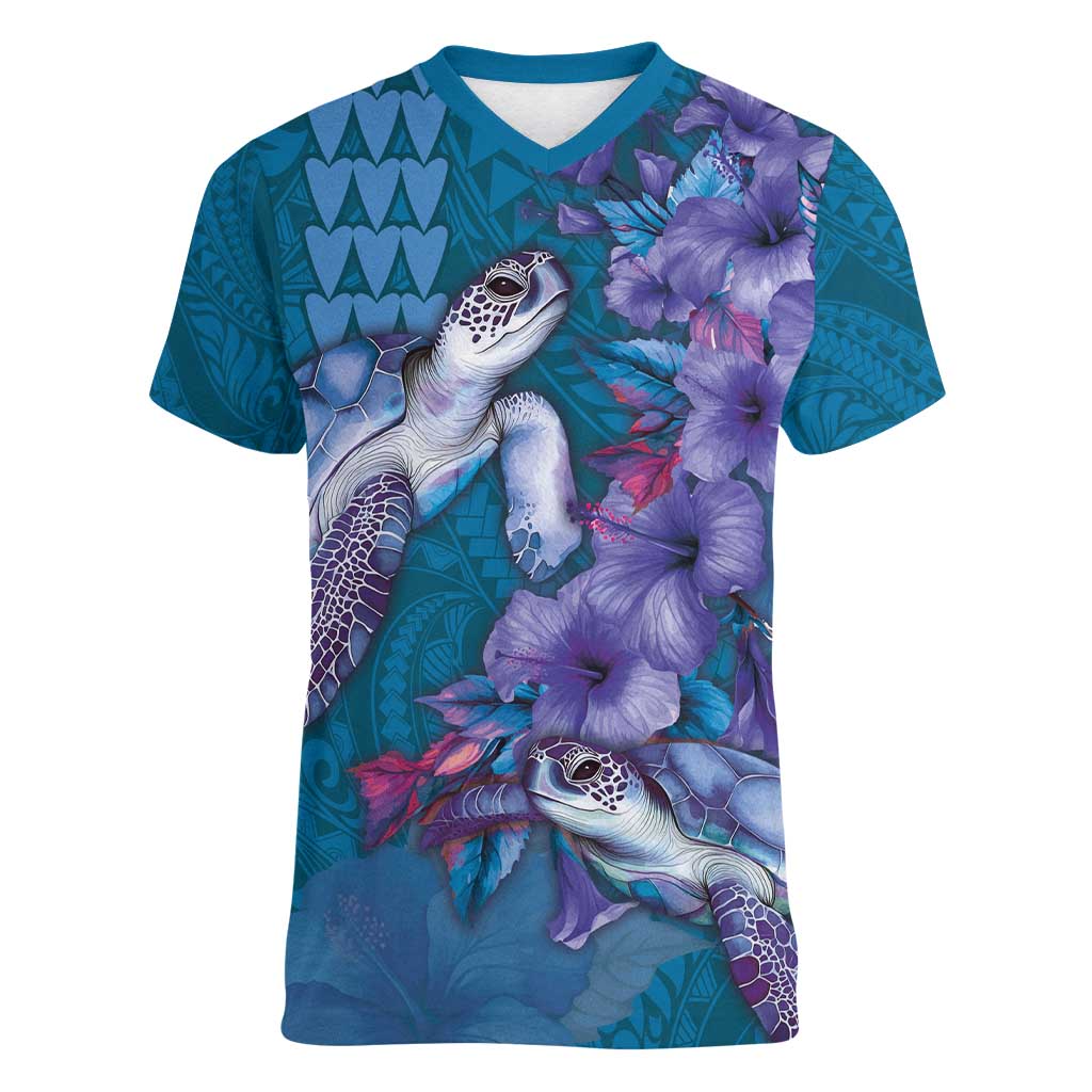 Hawaiian Turtle Love Couple Women V-Neck T-Shirt - Sweet Hibiscus and Kakau Pattern Sapphire Color LT03 Female Blue - Polynesian Pride