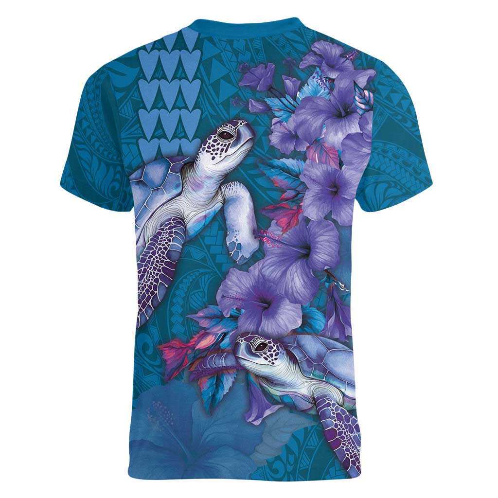 Hawaiian Turtle Love Couple Women V-Neck T-Shirt - Sweet Hibiscus and Kakau Pattern Sapphire Color LT03 - Polynesian Pride