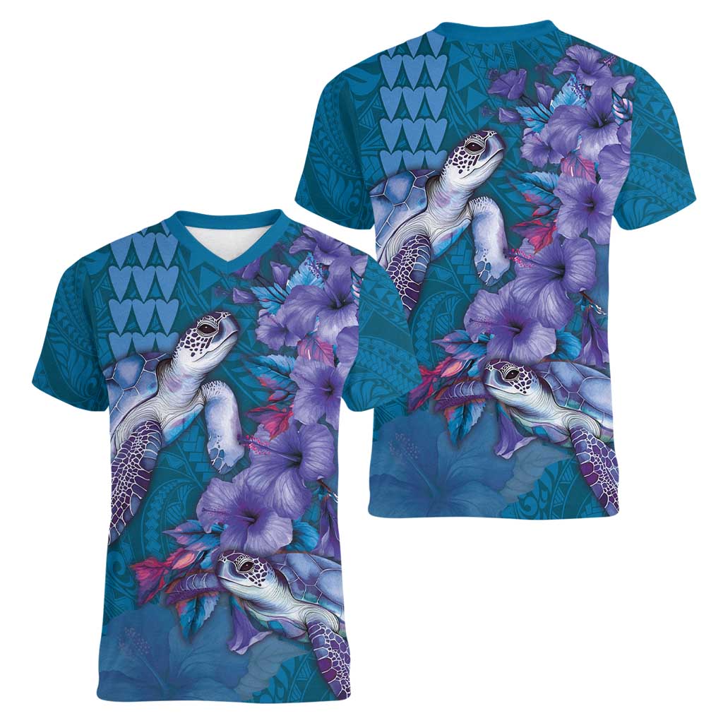 Hawaiian Turtle Love Couple Women V-Neck T-Shirt - Sweet Hibiscus and Kakau Pattern Sapphire Color LT03 - Polynesian Pride