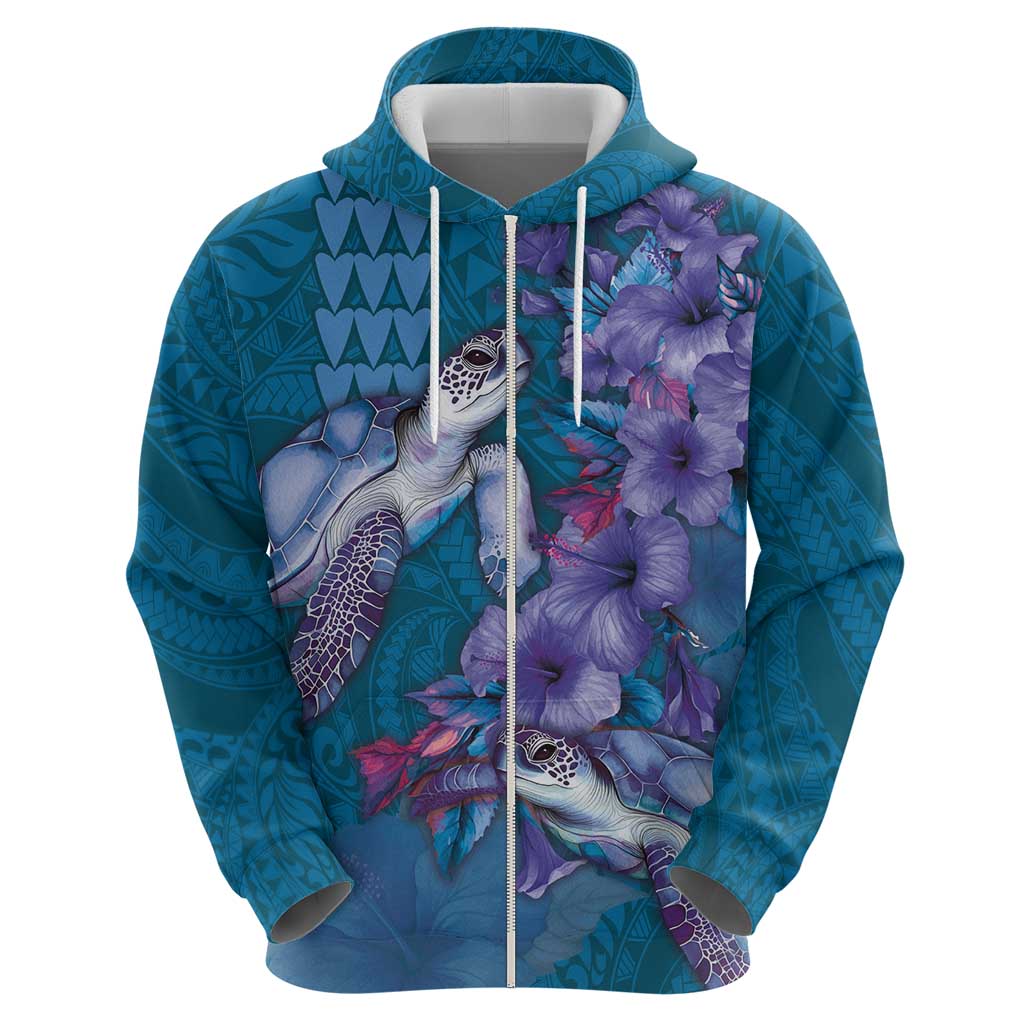 Hawaiian Turtle Love Couple Zip Hoodie - Sweet Hibiscus and Kakau Pattern Sapphire Color LT03 - Polynesian Pride
