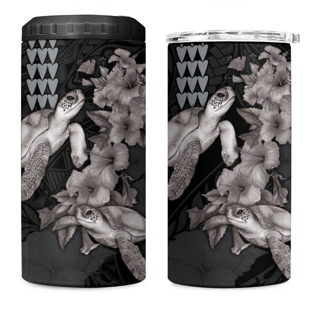 Hawaiian Turtle Love Couple 4 in 1 Can Cooler Tumbler Sweet Hibiscus and Kakau Pattern Grayscale Color LT03 One Size: 16 oz Black - Polynesian Pride