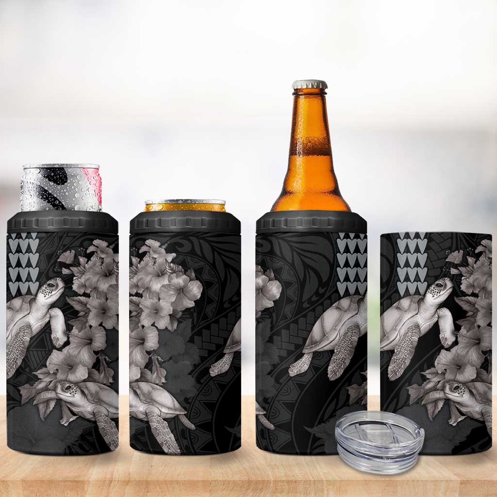 Hawaiian Turtle Love Couple 4 in 1 Can Cooler Tumbler Sweet Hibiscus and Kakau Pattern Grayscale Color LT03 - Polynesian Pride