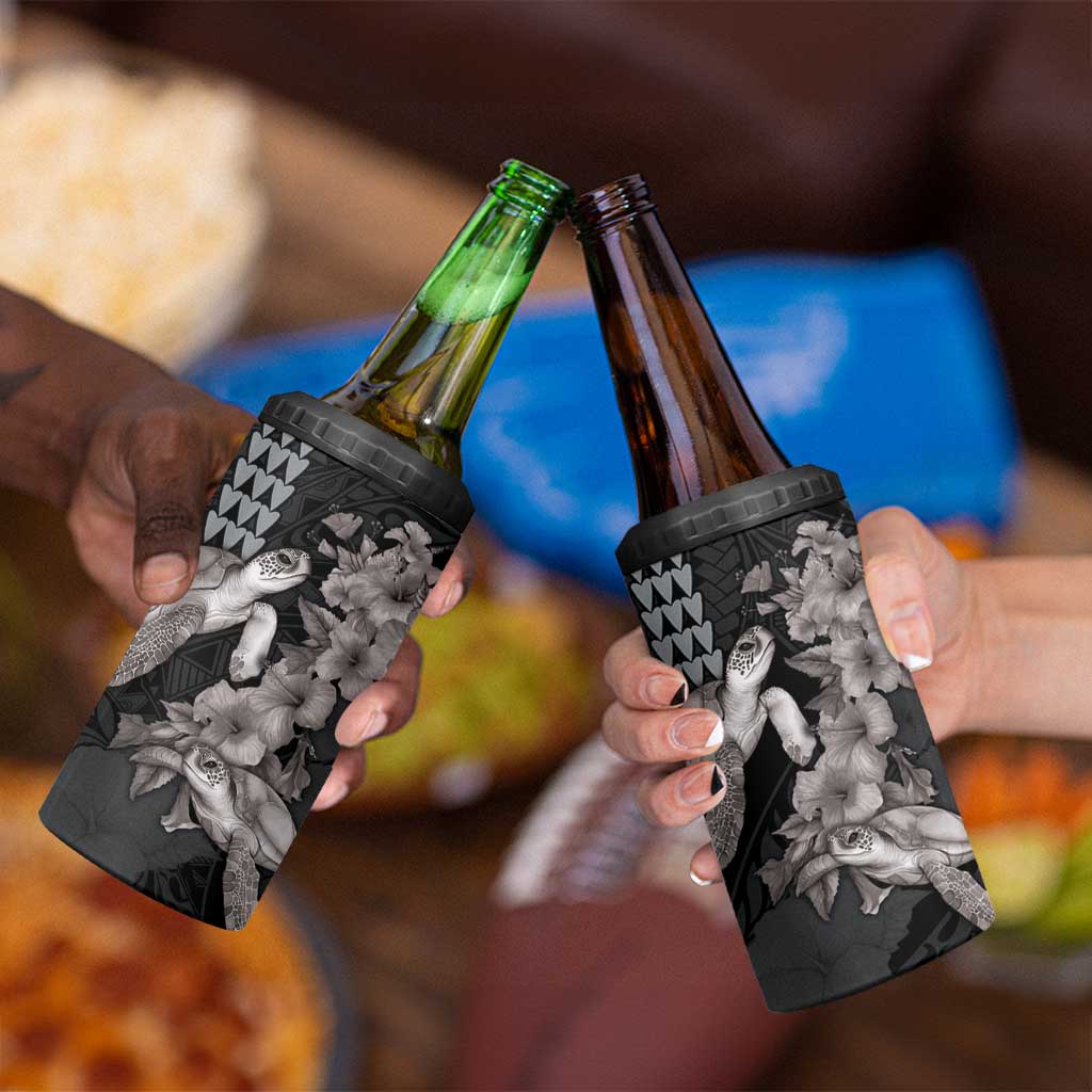 Hawaiian Turtle Love Couple 4 in 1 Can Cooler Tumbler Sweet Hibiscus and Kakau Pattern Grayscale Color LT03 - Polynesian Pride