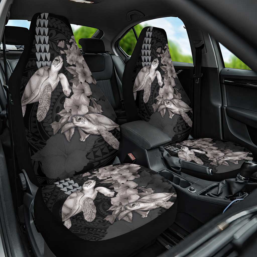 Hawaiian Turtle Love Couple Car Seat Cover - Sweet Hibiscus and Kakau Pattern Grayscale Color LT03 One Size Black - Polynesian Pride