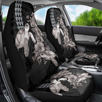 Hawaiian Turtle Love Couple Car Seat Cover - Sweet Hibiscus and Kakau Pattern Grayscale Color LT03 - Polynesian Pride