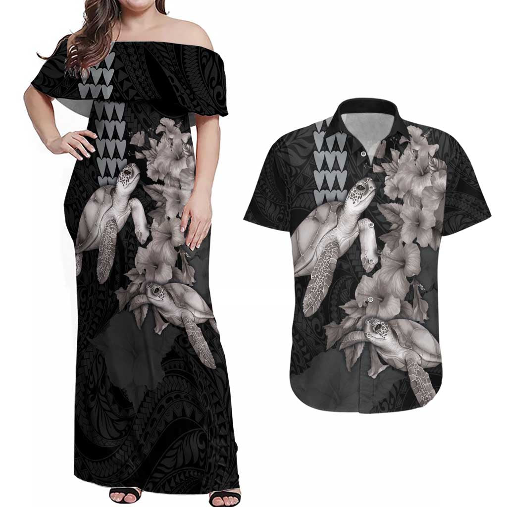 Hawaiian Turtle Love Couple Couples Matching Off Shoulder Maxi Dress and Hawaiian Shirt - Sweet Hibiscus and Kakau Pattern Grayscale Color LT03 Black - Polynesian Pride
