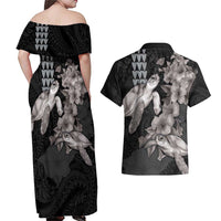 Hawaiian Turtle Love Couple Couples Matching Off Shoulder Maxi Dress and Hawaiian Shirt - Sweet Hibiscus and Kakau Pattern Grayscale Color LT03 - Polynesian Pride