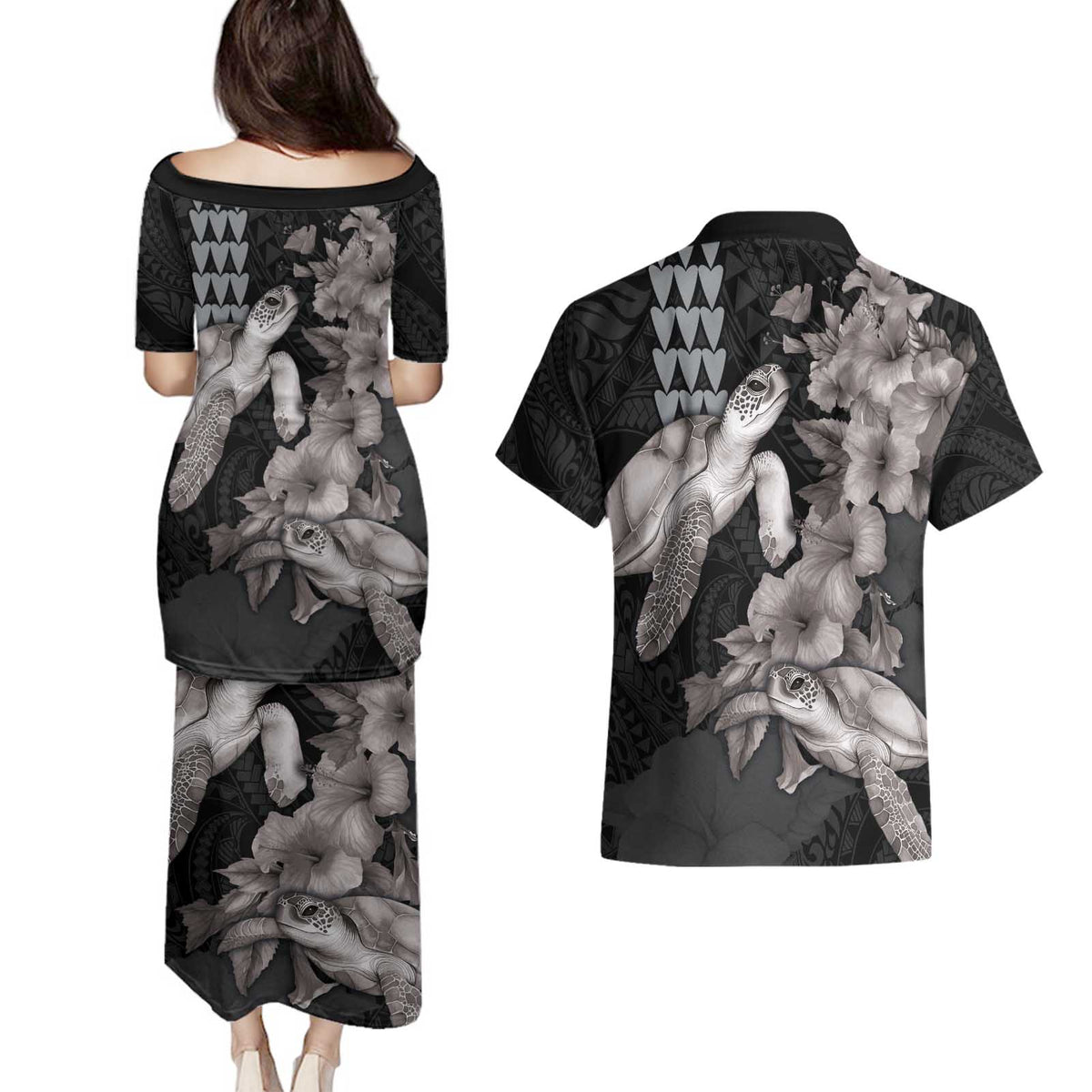 Hawaiian Turtle Love Couple Couples Matching Puletasi and Hawaiian Shirt - Sweet Hibiscus and Kakau Pattern Grayscale Color LT03 - Polynesian Pride