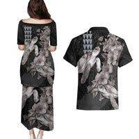 Hawaiian Turtle Love Couple Couples Matching Puletasi and Hawaiian Shirt - Sweet Hibiscus and Kakau Pattern Grayscale Color LT03 - Polynesian Pride