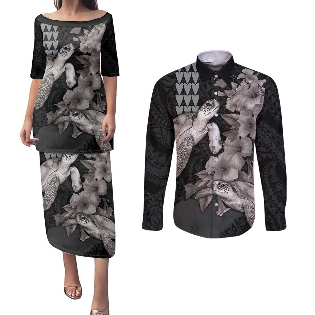 Hawaiian Turtle Love Couple Couples Matching Puletasi and Long Sleeve Button Shirt - Sweet Hibiscus and Kakau Pattern Grayscale Color LT03 Black - Polynesian Pride