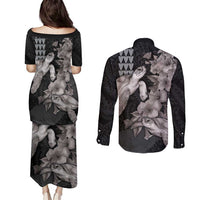 Hawaiian Turtle Love Couple Couples Matching Puletasi and Long Sleeve Button Shirt - Sweet Hibiscus and Kakau Pattern Grayscale Color LT03 - Polynesian Pride