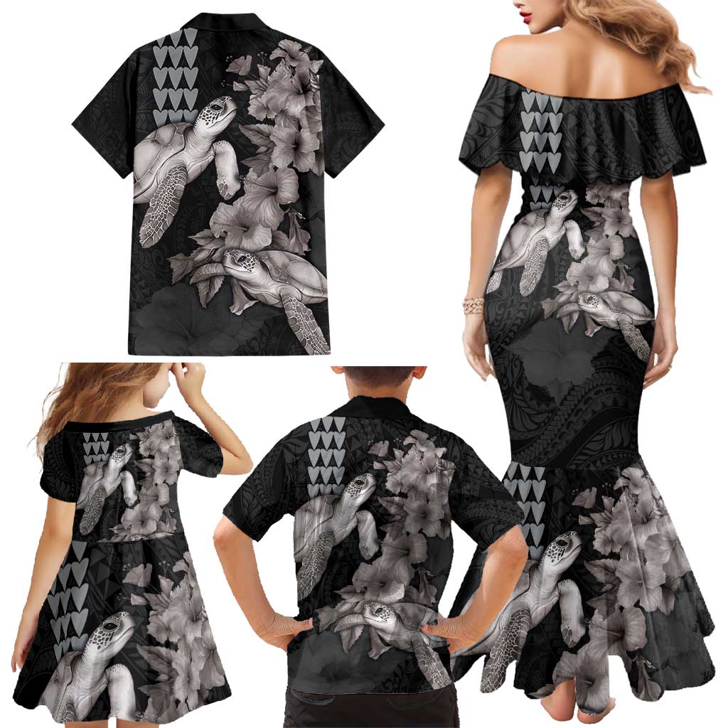 Hawaiian Turtle Love Couple Family Matching Mermaid Dress and Hawaiian Shirt - Sweet Hibiscus and Kakau Pattern Grayscale Color LT03 - Polynesian Pride
