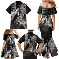 Hawaiian Turtle Love Couple Family Matching Mermaid Dress and Hawaiian Shirt - Sweet Hibiscus and Kakau Pattern Grayscale Color LT03 - Polynesian Pride