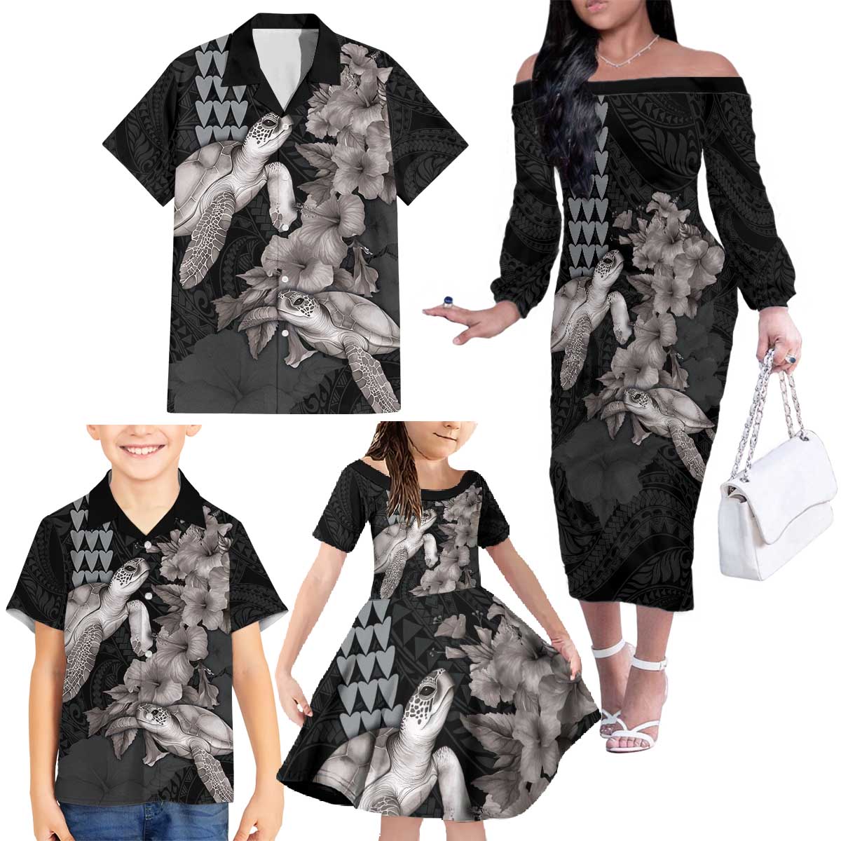 Hawaiian Turtle Love Couple Family Matching Off The Shoulder Long Sleeve Dress and Hawaiian Shirt - Sweet Hibiscus and Kakau Pattern Grayscale Color LT03 - Polynesian Pride