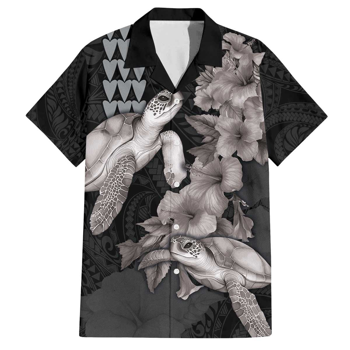 Hawaiian Turtle Love Couple Family Matching Off The Shoulder Long Sleeve Dress and Hawaiian Shirt - Sweet Hibiscus and Kakau Pattern Grayscale Color LT03 Dad's Shirt - Short Sleeve Black - Polynesian Pride