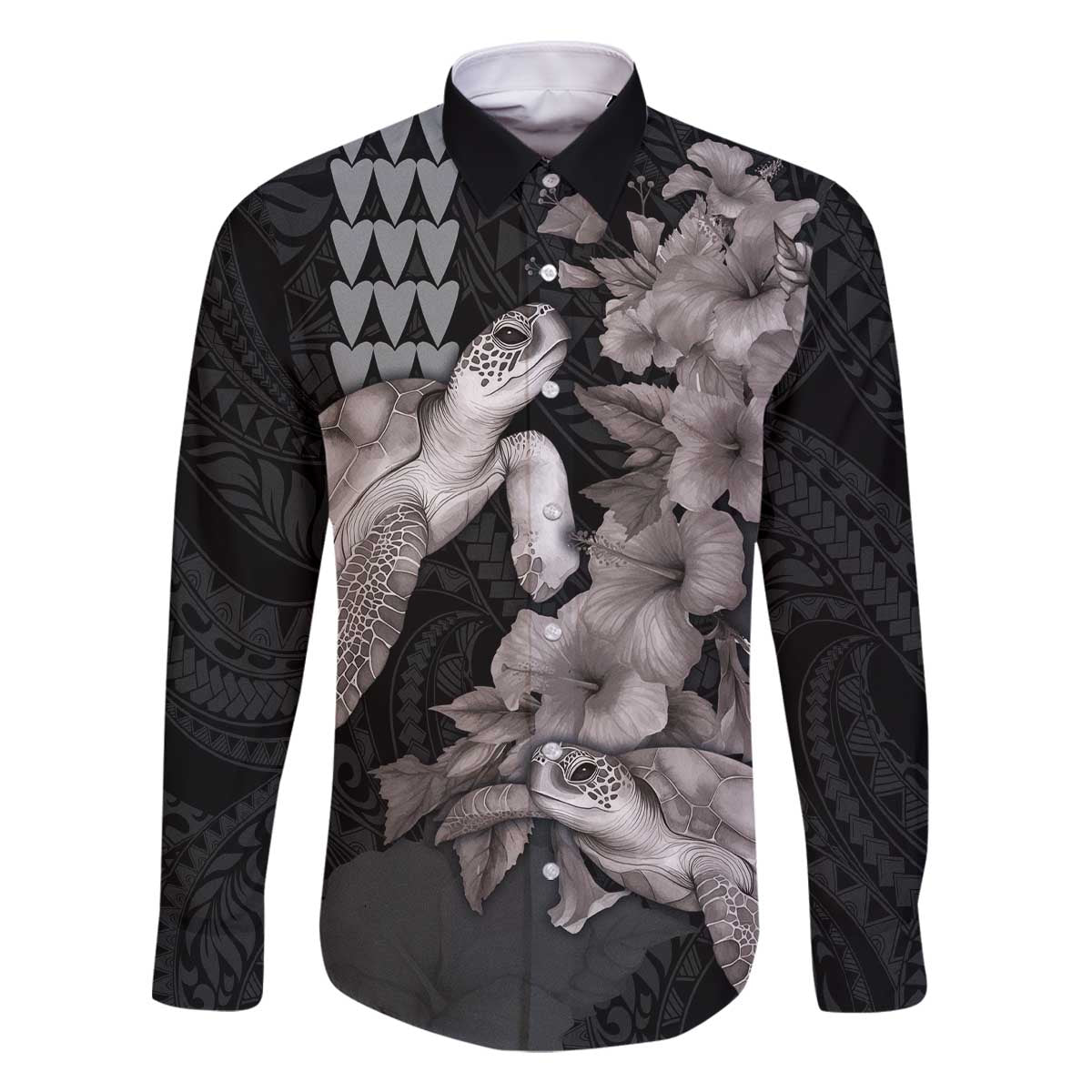 Hawaiian Turtle Love Couple Family Matching Off The Shoulder Long Sleeve Dress and Hawaiian Shirt - Sweet Hibiscus and Kakau Pattern Grayscale Color LT03 Dad's Shirt - Long Sleeve Black - Polynesian Pride
