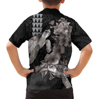 Hawaiian Turtle Love Couple Family Matching Off Shoulder Maxi Dress and Hawaiian Shirt - Sweet Hibiscus and Kakau Pattern Grayscale Color LT03 - Polynesian Pride