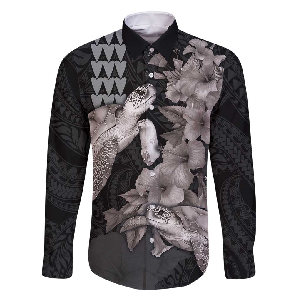 Hawaiian Turtle Love Couple Family Matching Off Shoulder Maxi Dress and Hawaiian Shirt - Sweet Hibiscus and Kakau Pattern Grayscale Color LT03 Dad's Shirt - Long Sleeve Black - Polynesian Pride