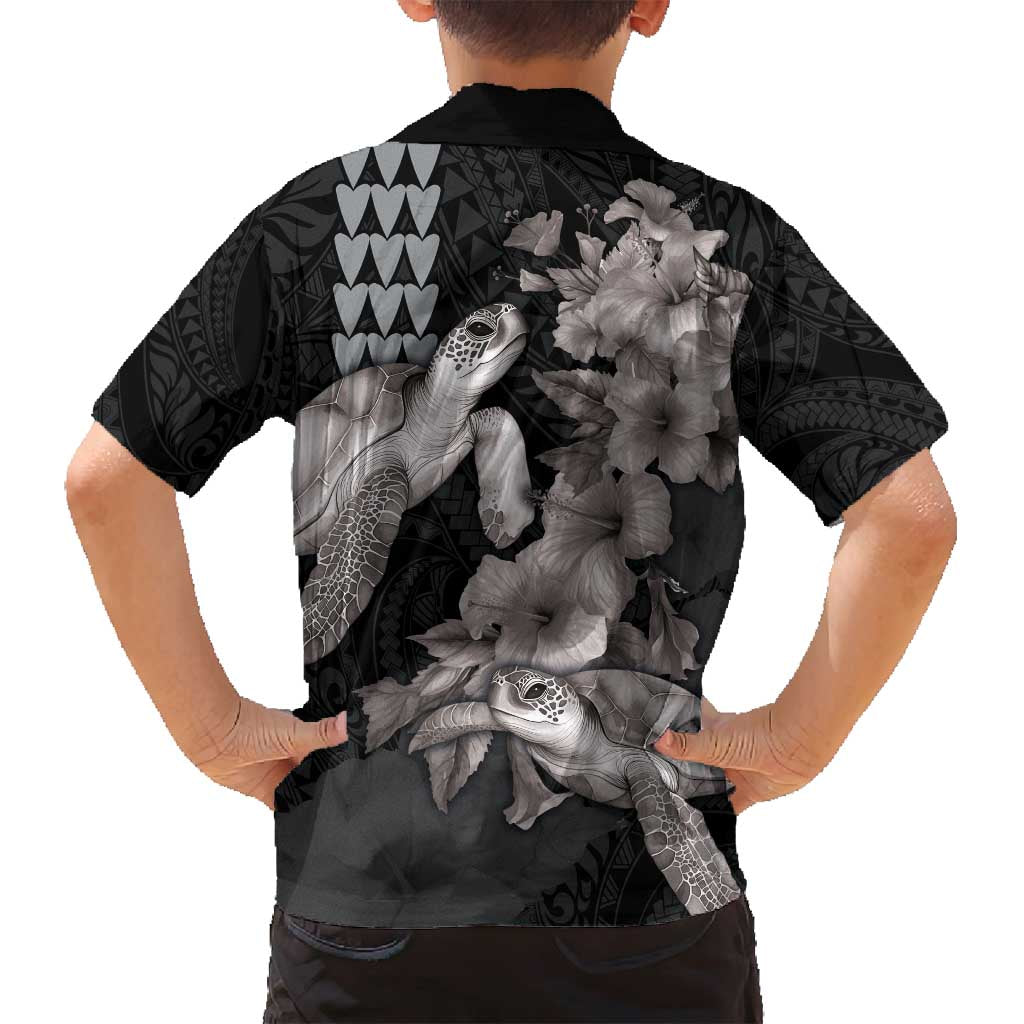 Hawaiian Turtle Love Couple Family Matching Off Shoulder Short Dress and Hawaiian Shirt - Sweet Hibiscus and Kakau Pattern Grayscale Color