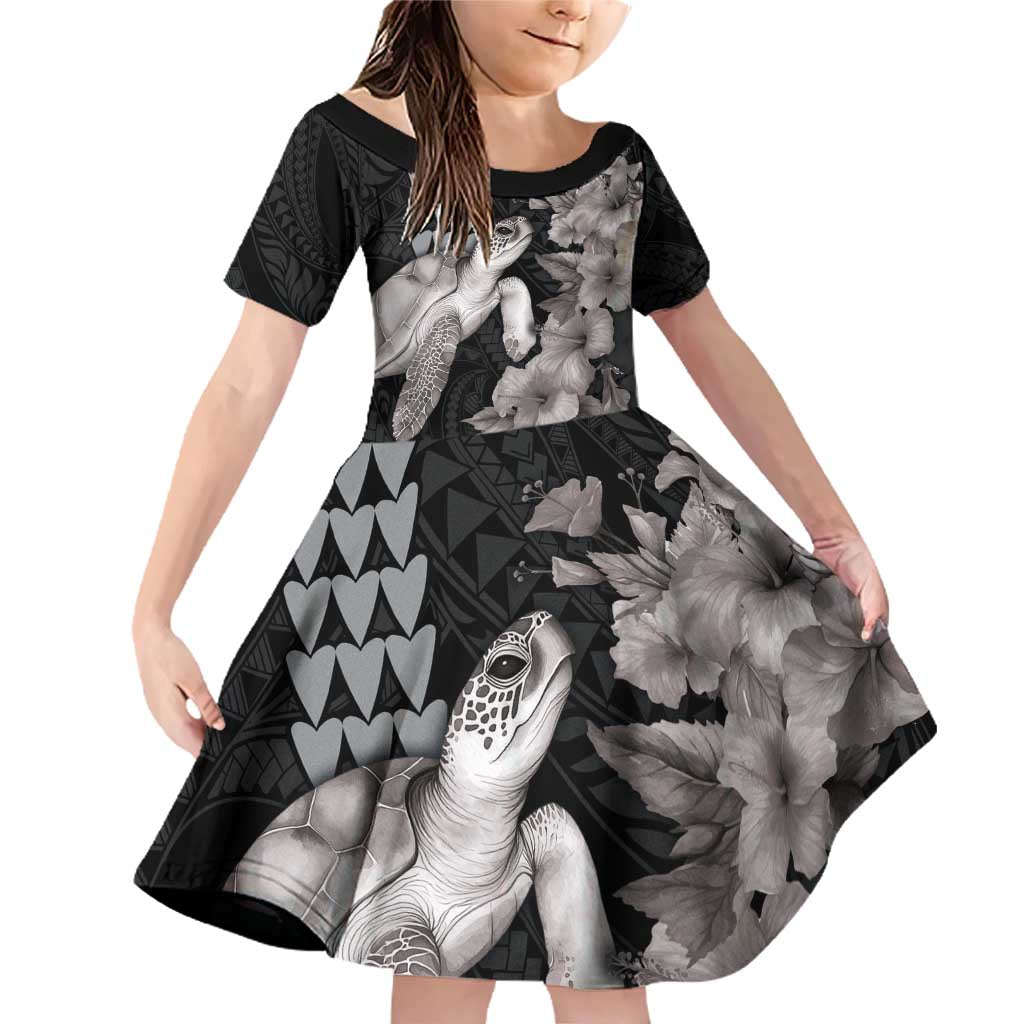 Hawaiian Turtle Love Couple Family Matching Off Shoulder Short Dress and Hawaiian Shirt - Sweet Hibiscus and Kakau Pattern Grayscale Color